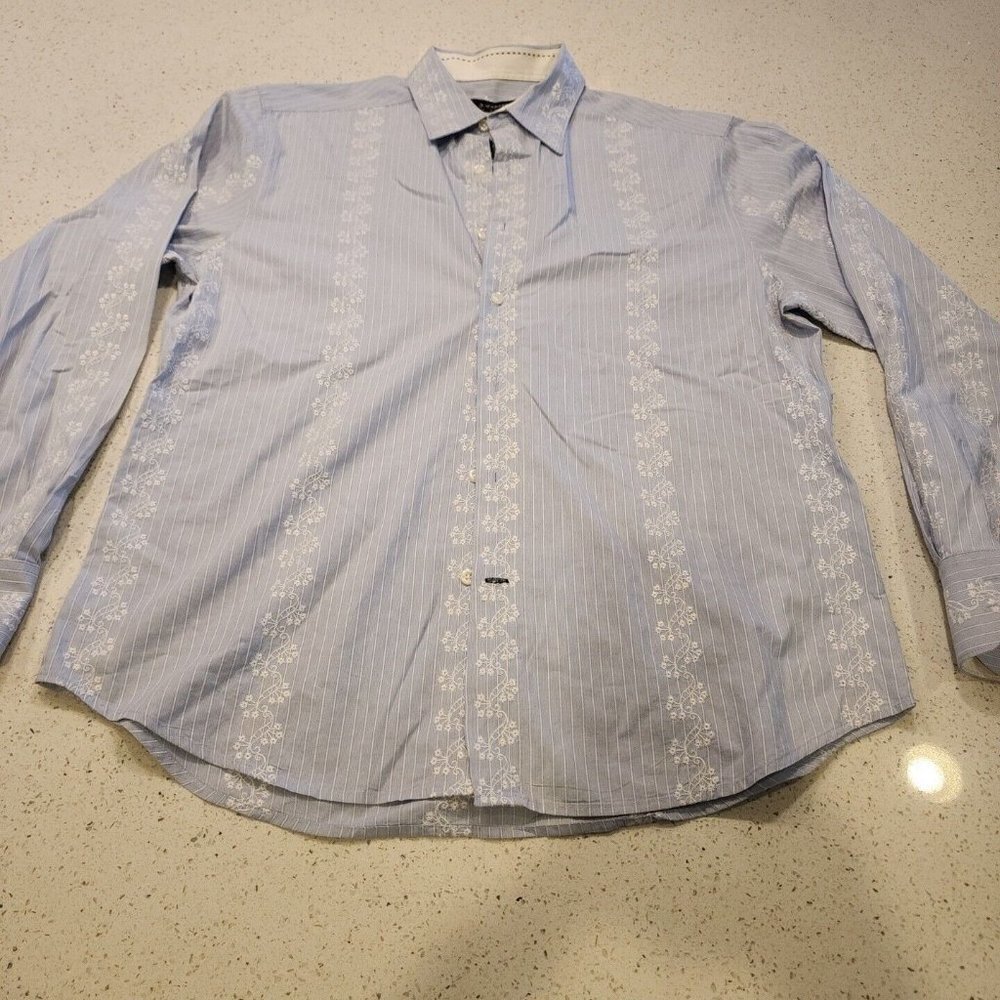 J. Campbell Los Angeles Mens L Long Sleeve Shirt embroidery Stripe Blue Button